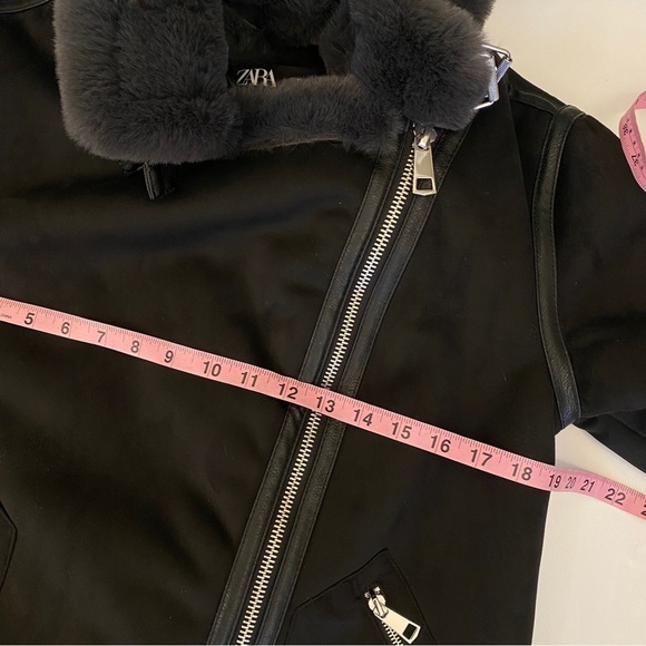 Zara || Double Faced Aviator Biker Moto Jacket Faux Suede Fur Black Gray - Picture 8 of 8